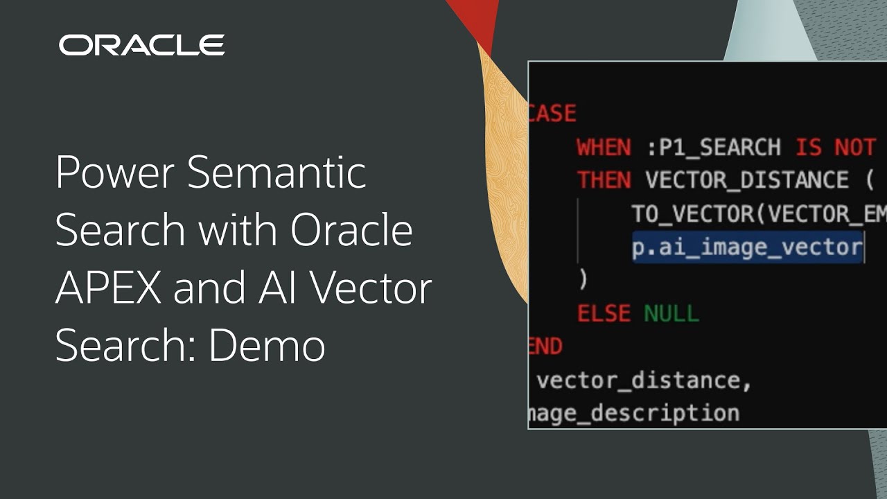 Oracle video thumbnail for a demonstration of AI Vector Search and semantic search in Oracle APEX.