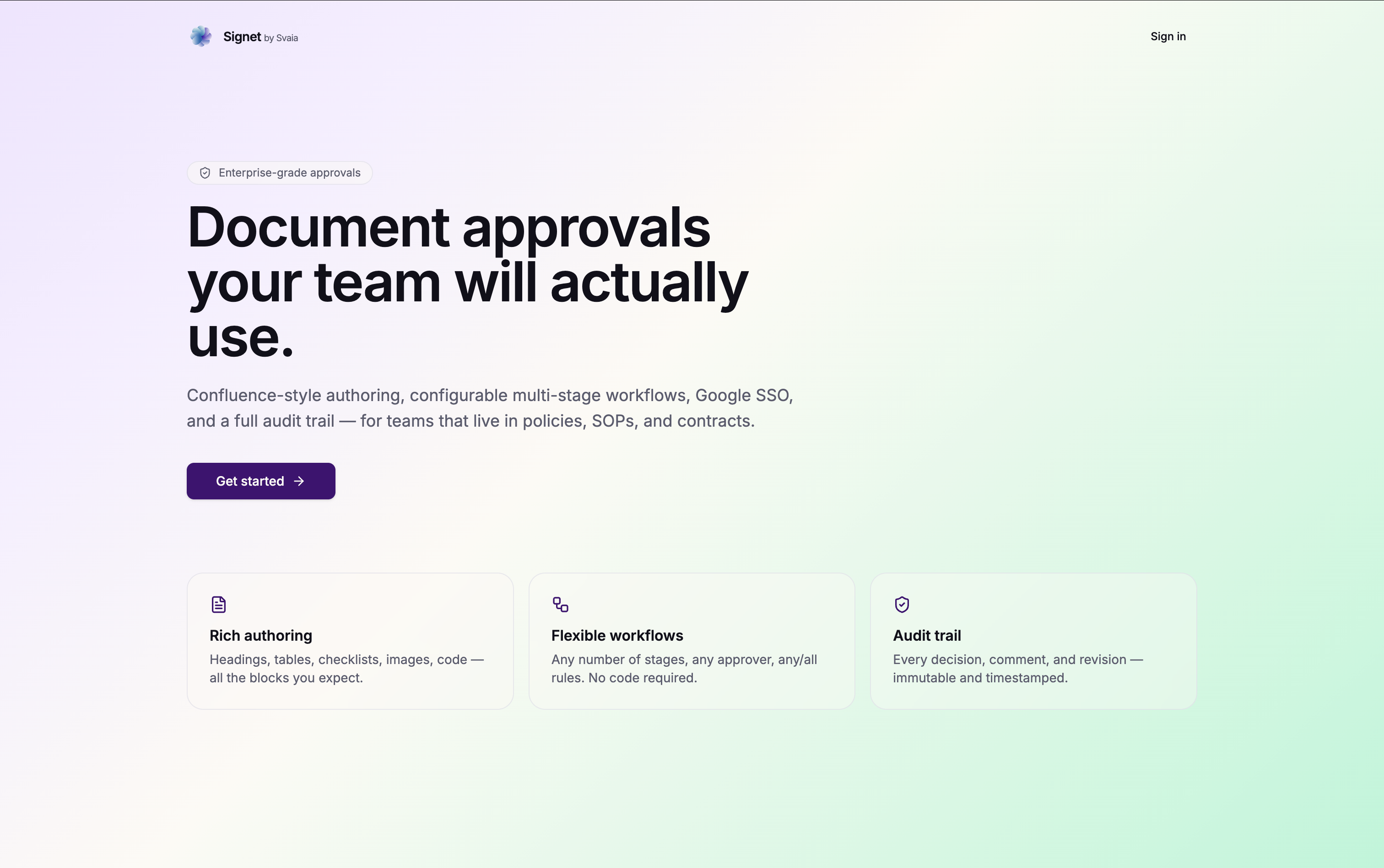Signet public product page presenting enterprise document approvals, multi-stage workflows, and audit trails.